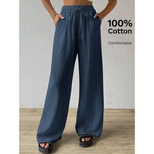 Cotton drawstring pants textured wide leg pants boho navy blue
